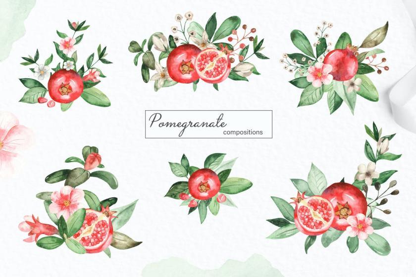 25xt-160429 WatercolorpomegranateClipart,frames,wreathsz3.jpg